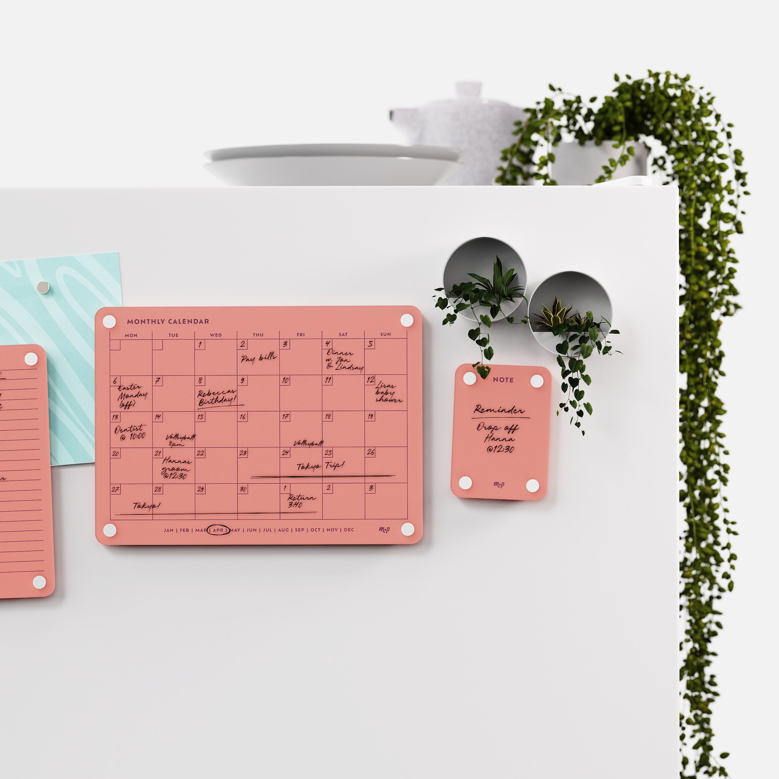 Coral monthly calendar and note board on a white kitchen wall with magnetic planters and trailing ivy